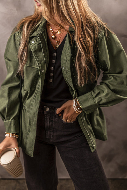 Solid Cotton Snap Button Zipper Fitted Waist Collared Jacket