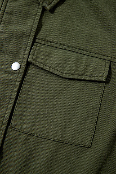 Solid Cotton Snap Button Zipper Fitted Waist Collared Jacket