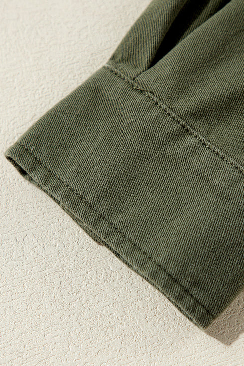 Solid Cotton Snap Button Zipper Fitted Waist Collared Jacket