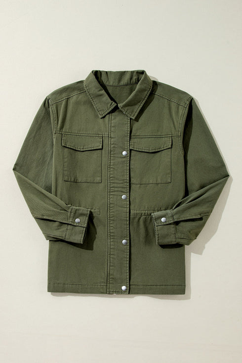 Solid Cotton Snap Button Zipper Fitted Waist Collared Jacket
