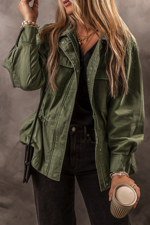 Solid Cotton Snap Button Zipper Fitted Waist Collared Jacket