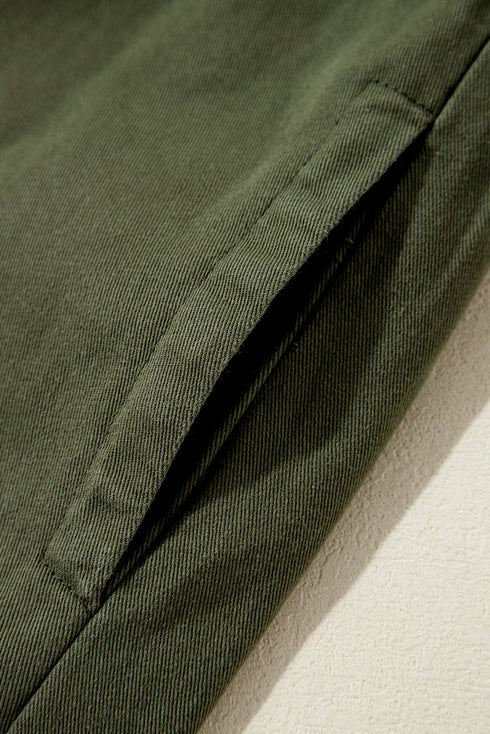 Solid Cotton Snap Button Zipper Fitted Waist Collared Jacket