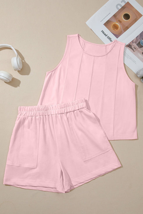 Solid Stitched Detail Loose Tank Top Short Set