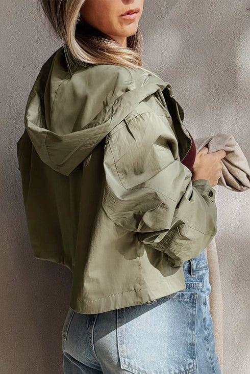 Solid Cropped Hooded Zipped Pocket Utility Jacket