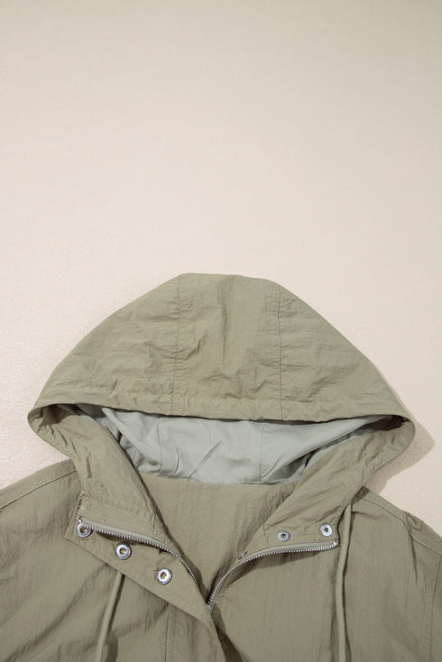 Solid Cropped Hooded Zipped Pocket Utility Jacket