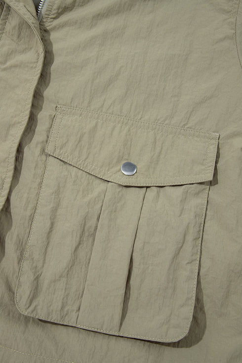 Solid Cropped Hooded Zipped Pocket Utility Jacket