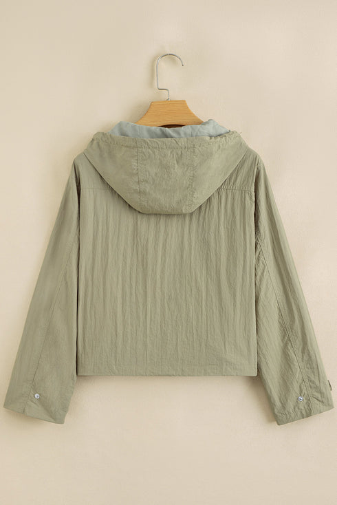 Solid Cropped Hooded Zipped Pocket Utility Jacket