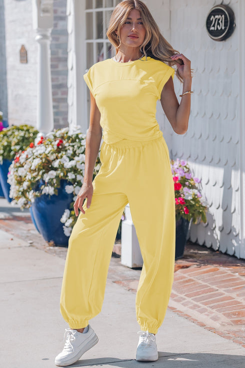 Solid Cropped Tank And Wide Leg Active Pant Set