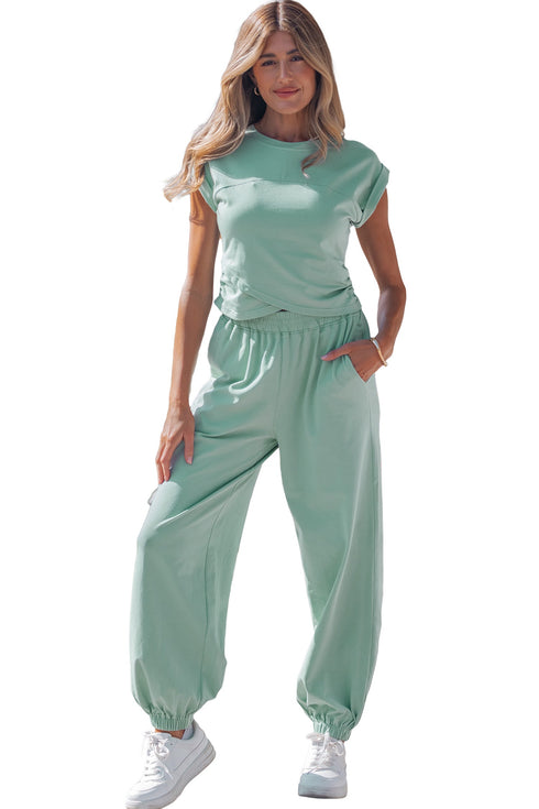 Solid Cropped Tank And Wide Leg Active Pant Set
