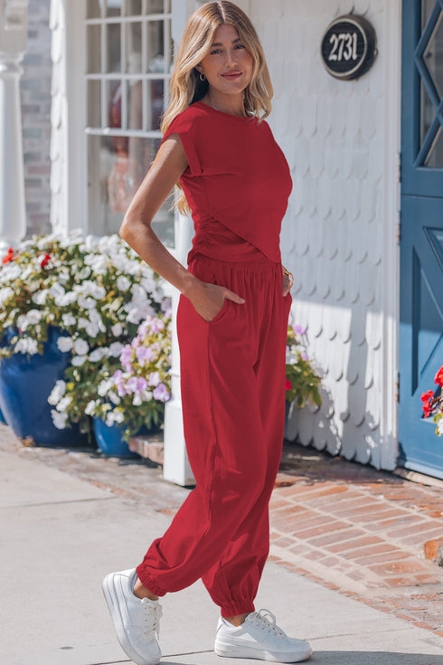 Solid Cropped Tank And Wide Leg Active Pant Set