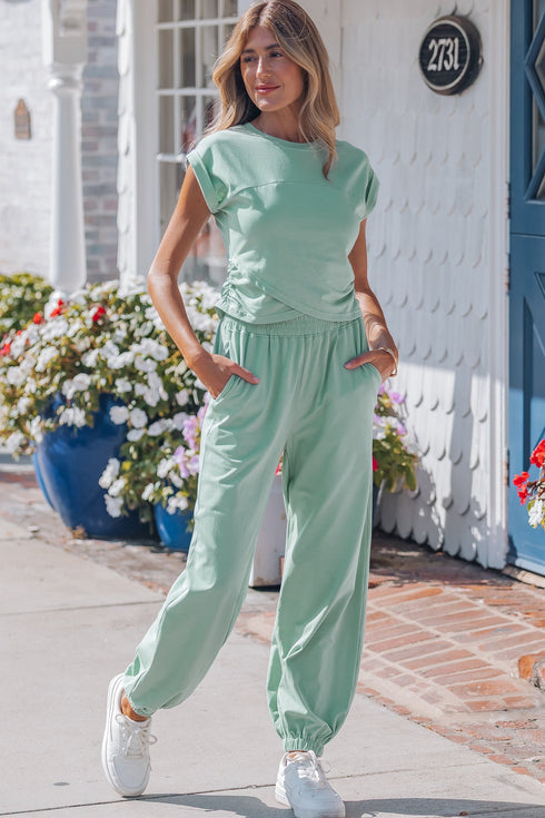Solid Cropped Tank And Wide Leg Active Pant Set