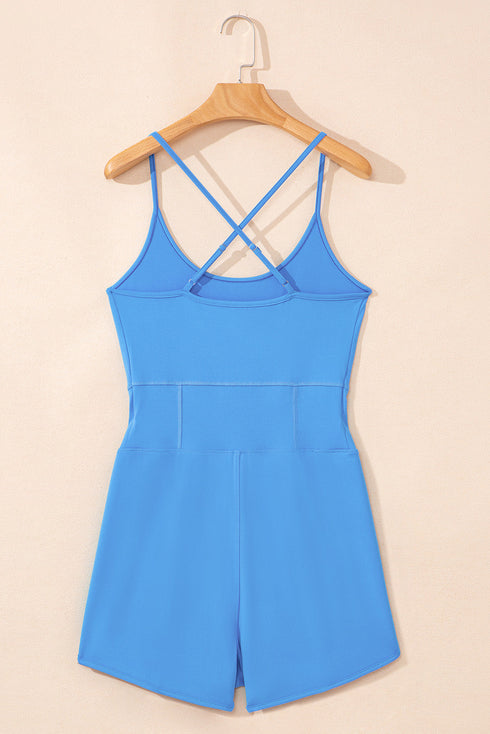 Solid Crossed Spaghetti Strap Drawstring Sporty Romper