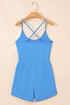 Solid Crossed Spaghetti Strap Drawstring Sporty Romper