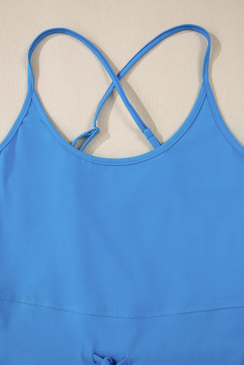 Solid Crossed Spaghetti Strap Drawstring Sporty Romper