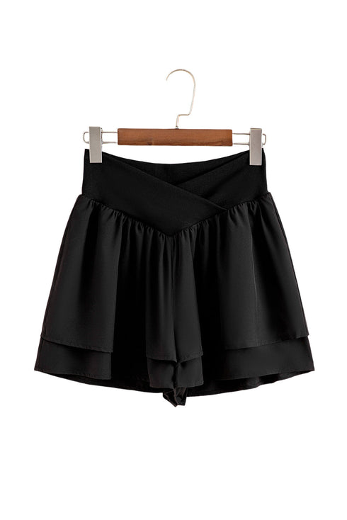 Solid Crossed Waist Tiered Flowy Casual Shorts