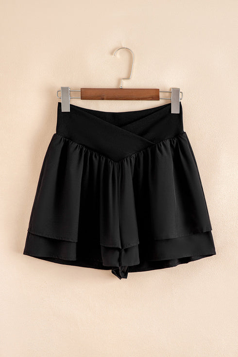 Solid Crossed Waist Tiered Flowy Casual Shorts