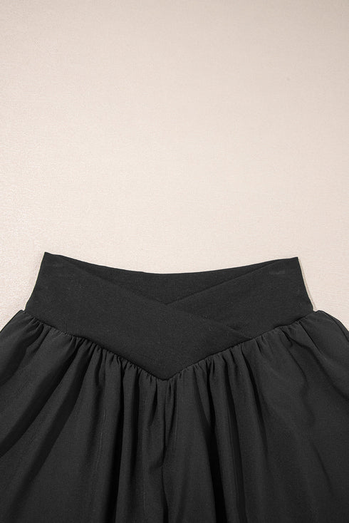 Solid Crossed Waist Tiered Flowy Casual Shorts