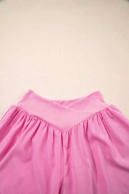 Solid Crossed Waist Tiered Flowy Casual Shorts