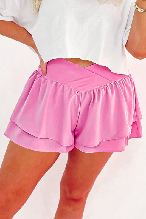 Solid Crossed Waist Tiered Flowy Casual Shorts