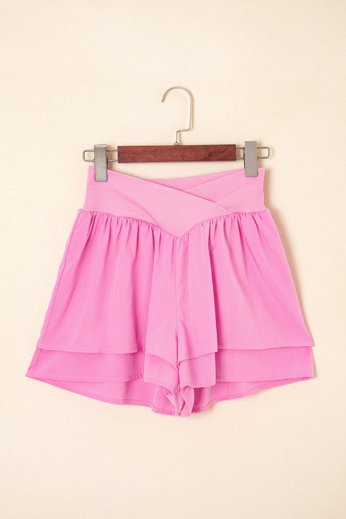 Solid Crossed Waist Tiered Flowy Casual Shorts