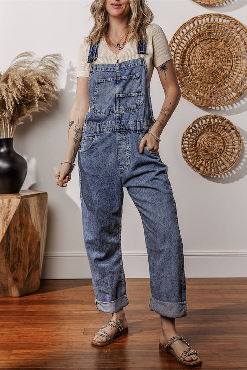 Solid Denim Bib Wide Leg Pocket Jumpsuit
