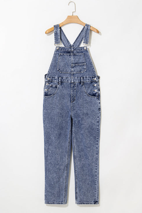 Solid Denim Bib Wide Leg Pocket Jumpsuit