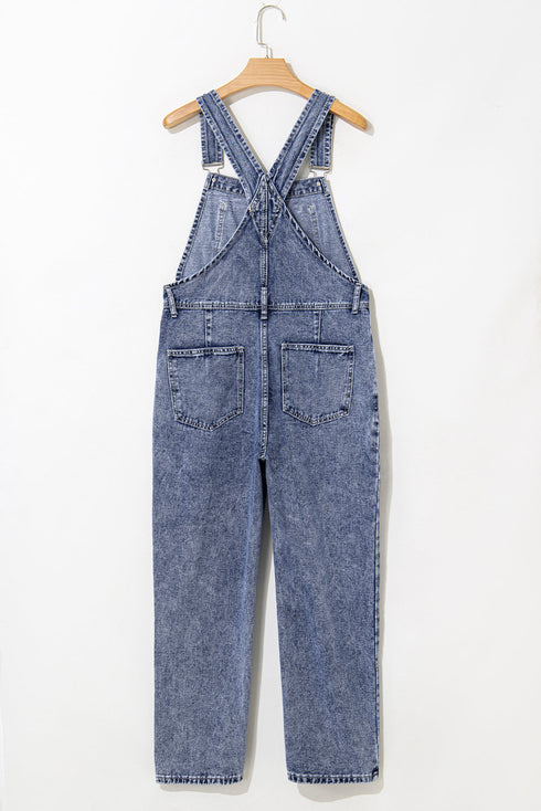 Solid Denim Bib Wide Leg Pocket Jumpsuit