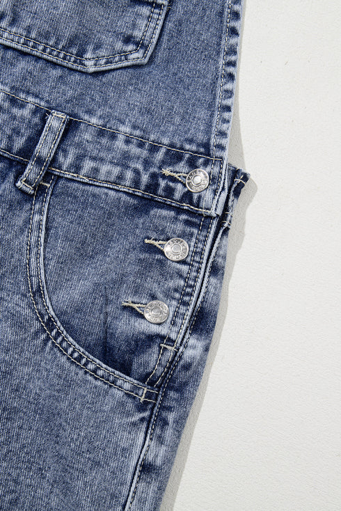 Solid Denim Bib Wide Leg Pocket Jumpsuit