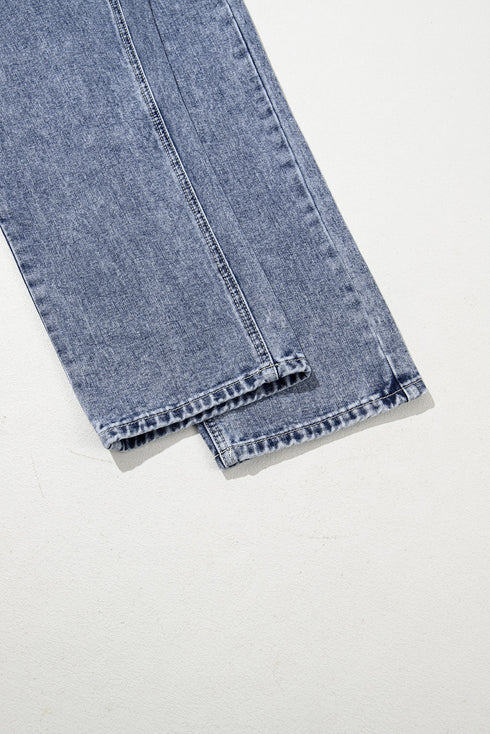 Solid Denim Bib Wide Leg Pocket Jumpsuit