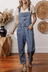 Solid Denim Bib Wide Leg Pocket Jumpsuit