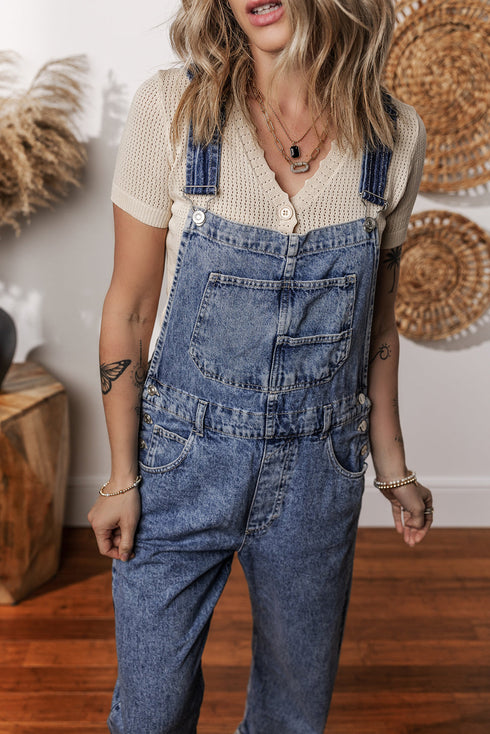 Solid Denim Bib Wide Leg Pocket Jumpsuit