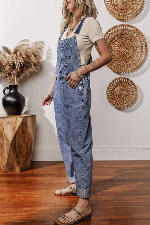 Solid Denim Bib Wide Leg Pocket Jumpsuit
