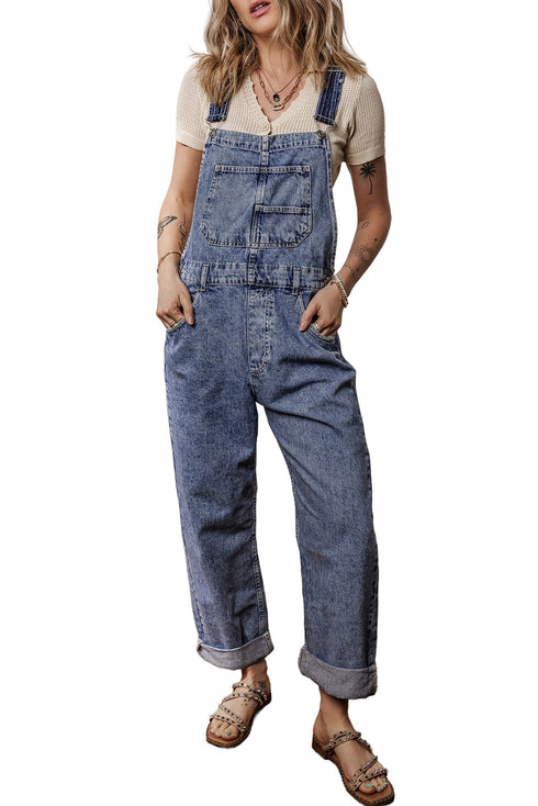 Solid Denim Bib Wide Leg Pocket Jumpsuit