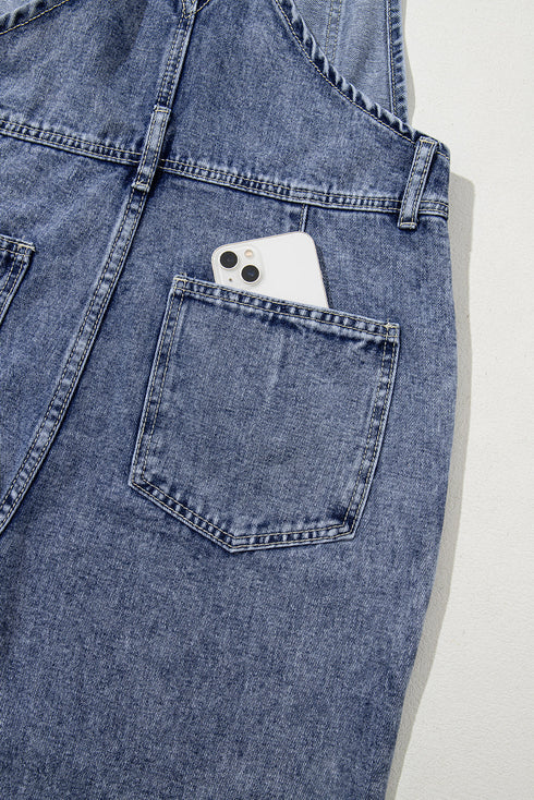 Solid Denim Bib Wide Leg Pocket Jumpsuit