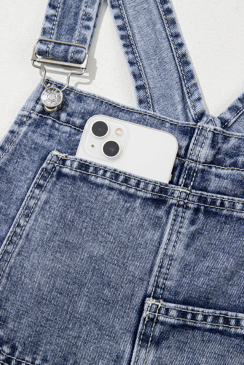 Solid Denim Bib Wide Leg Pocket Jumpsuit