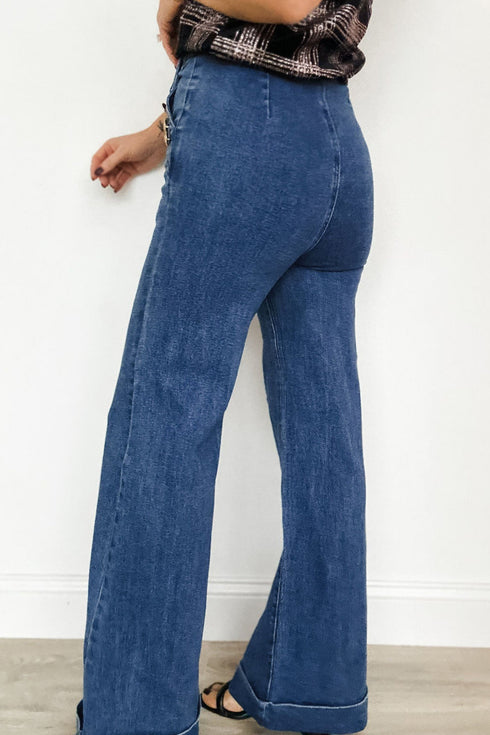 Solid Denim Button Detail Rolled Edge Flare Leg Jeans