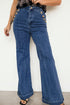 Solid Denim Button Detail Rolled Edge Flare Leg Jeans