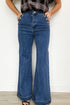 Solid Denim Button Detail Rolled Edge Flare Leg Jeans