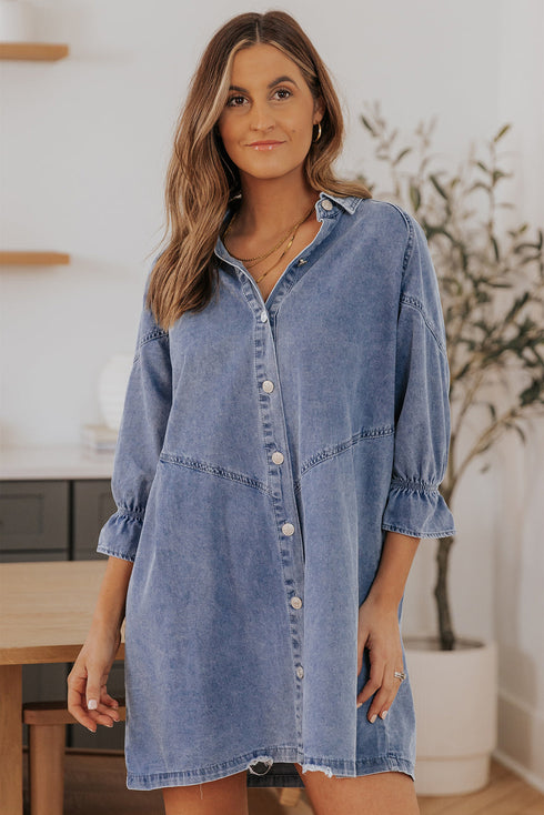 Solid Denim Buttoned Long Sleeve H Line Mini Dress