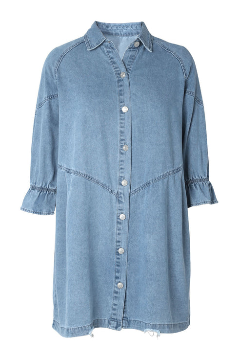 Solid Denim Buttoned Long Sleeve H Line Mini Dress