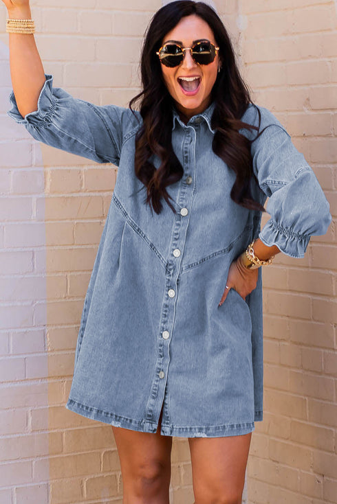 Solid Denim Buttoned Long Sleeve H Line Mini Dress