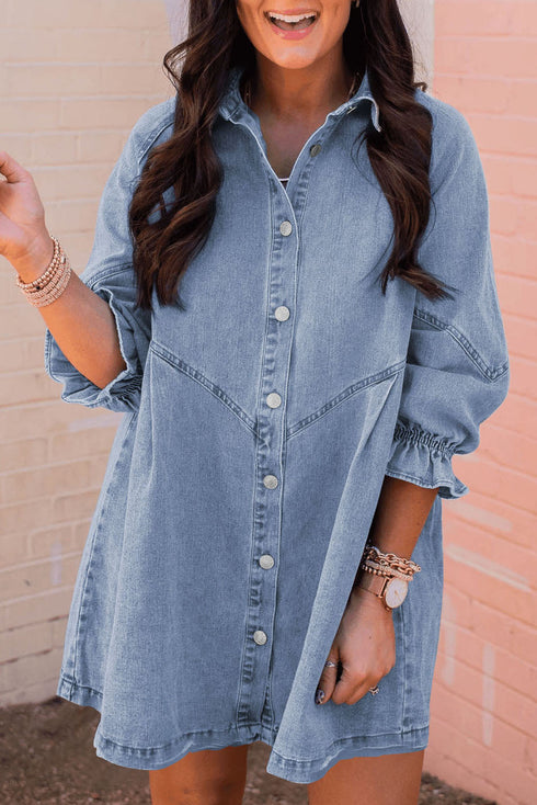 Solid Denim Buttoned Long Sleeve H Line Mini Dress