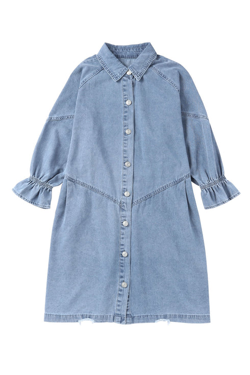 Solid Denim Buttoned Long Sleeve H Line Mini Dress