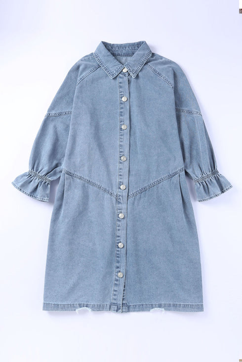 Solid Denim Buttoned Long Sleeve H Line Mini Dress