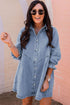Solid Denim Buttoned Long Sleeve H Line Mini Dress