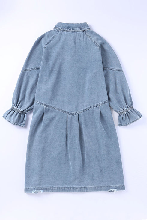 Solid Denim Buttoned Long Sleeve H Line Mini Dress