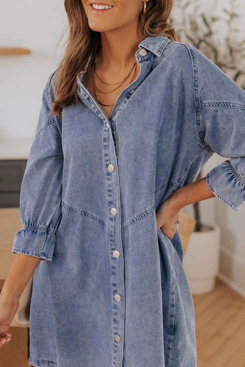 Solid Denim Buttoned Long Sleeve H Line Mini Dress