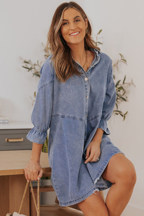 Solid Denim Buttoned Long Sleeve H Line Mini Dress