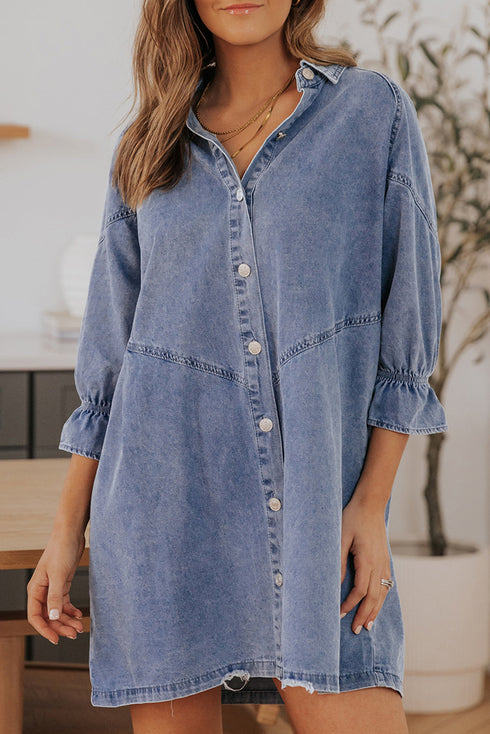 Solid Denim Buttoned Long Sleeve H Line Mini Dress