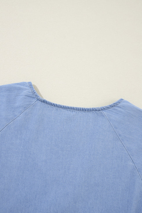 Solid Denim Chambray Puff Sleeve Tiered Ruffled Mini Dress